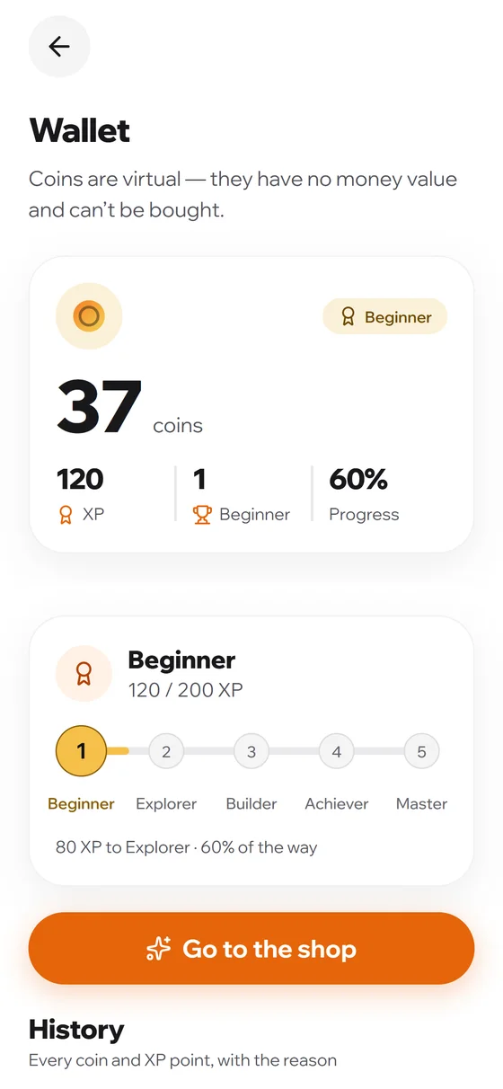 XP, coins and five levels